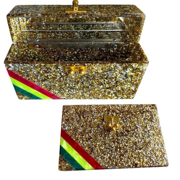 EDIE PARKER ACRYLIC CLUTCH – GOLD CONFETTI & RAINBOW STRIPE | HANDMADE | RARE - Picture 4 of 17